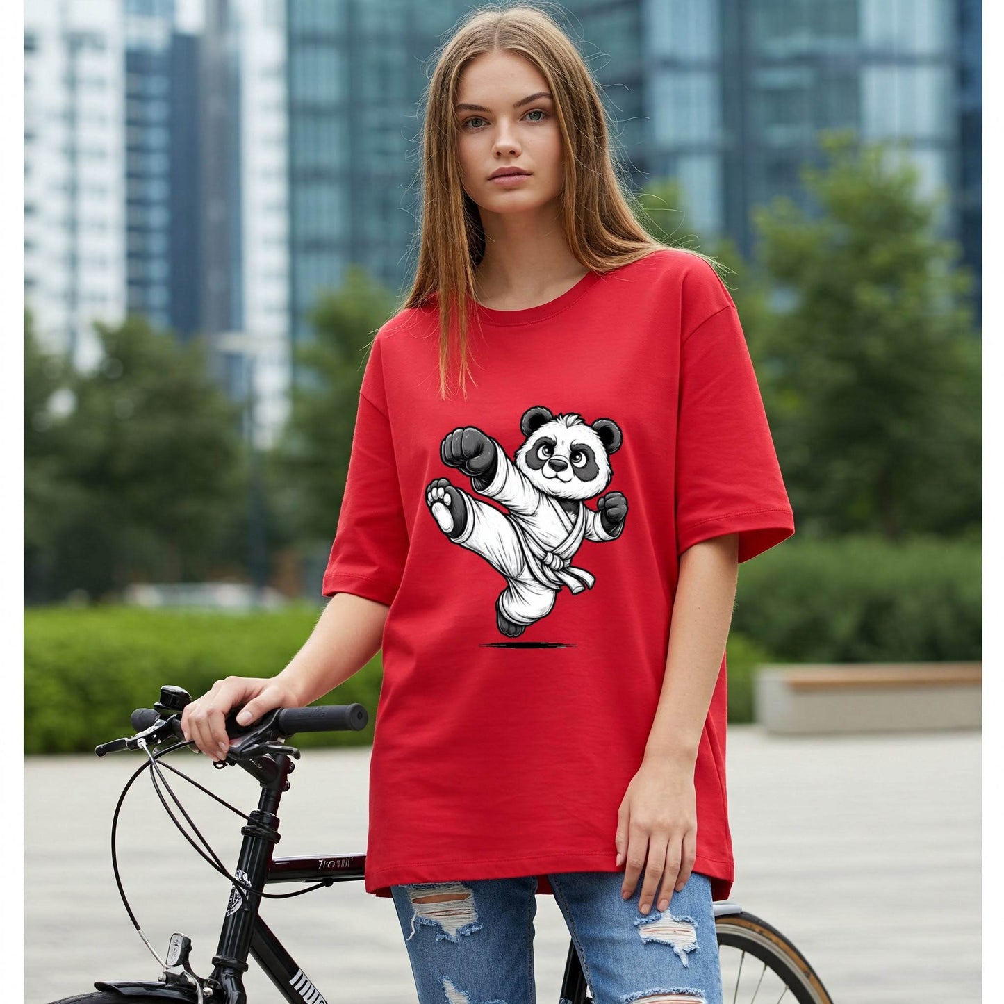 Red Karate Panda Graphic Women's Oversized T-shirt Befaltu - Befaltu