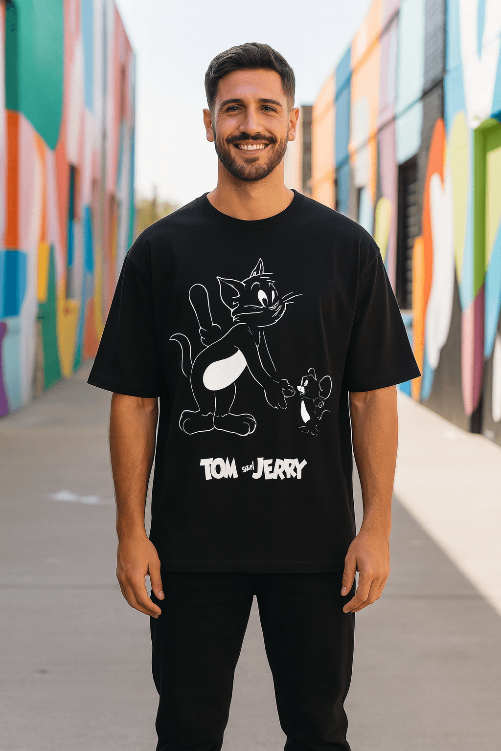Black Tom and Jerry Classic Chase Oversized T-shirt - Befaltu (Men's Cartoon Tee) - Befaltu