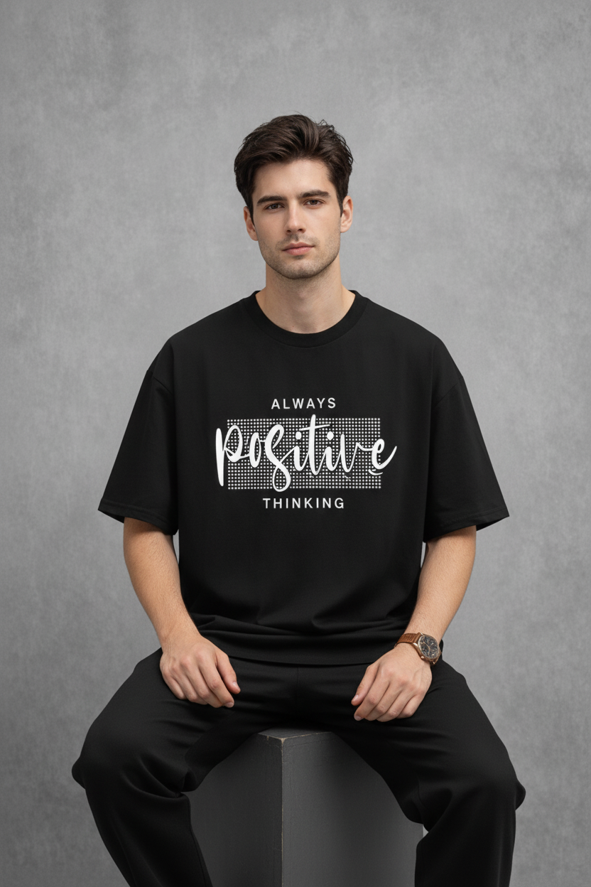 "Always Positive Thinking" Black Oversized Tee
