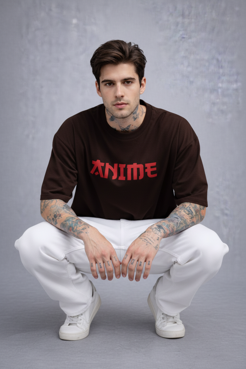 Red Kanji "ANIME" Graphic Oversized T-Shirt - Coffee Brown Heavyweight Streetwear