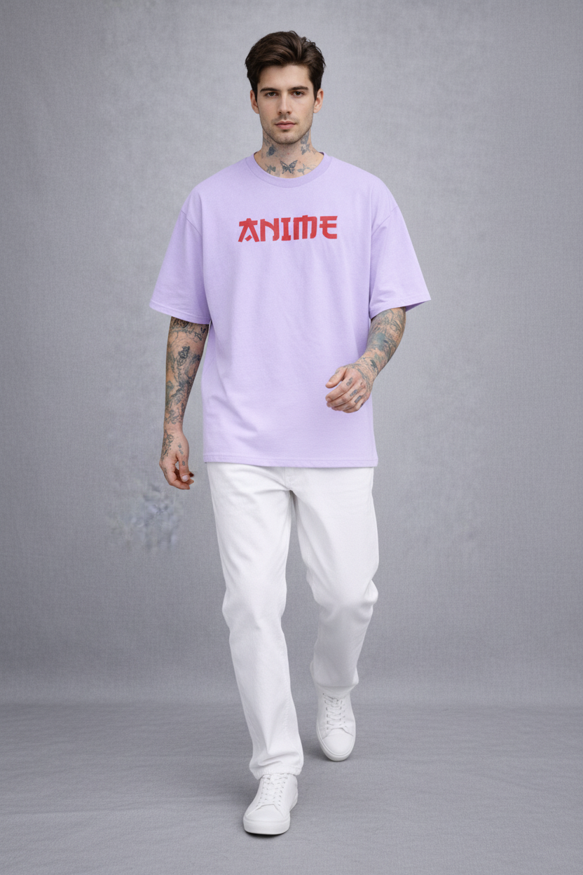 Red Kanji "ANIME" Graphic Oversized T-Shirt - Lavender Heavyweight Streetwear