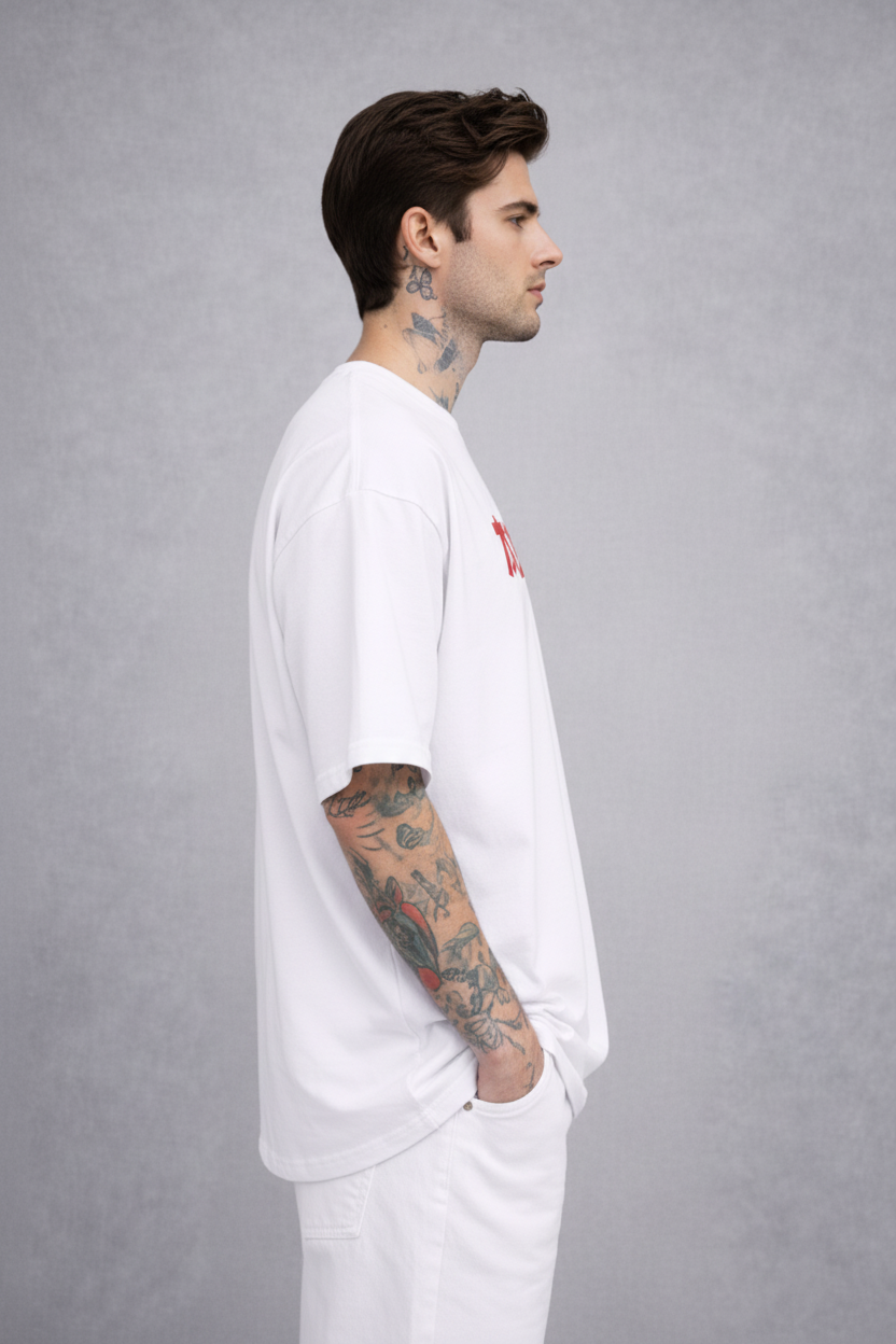 Red Kanji "ANIME" Graphic Oversized T-Shirt - White Heavyweight Streetwear