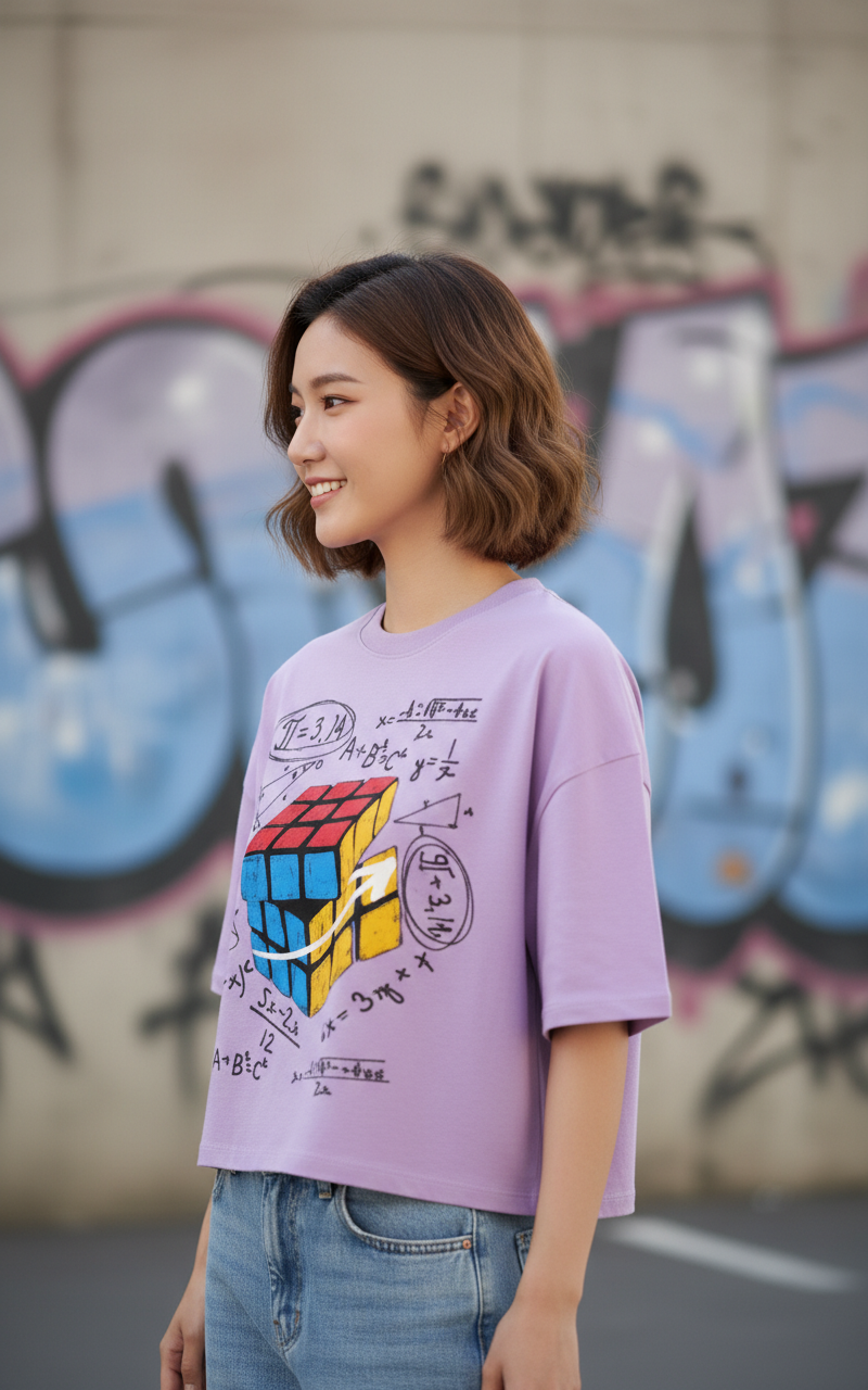 "Math Cube" Graphic Oversized T-Shirt - Lavender Heavyweight Streetwear