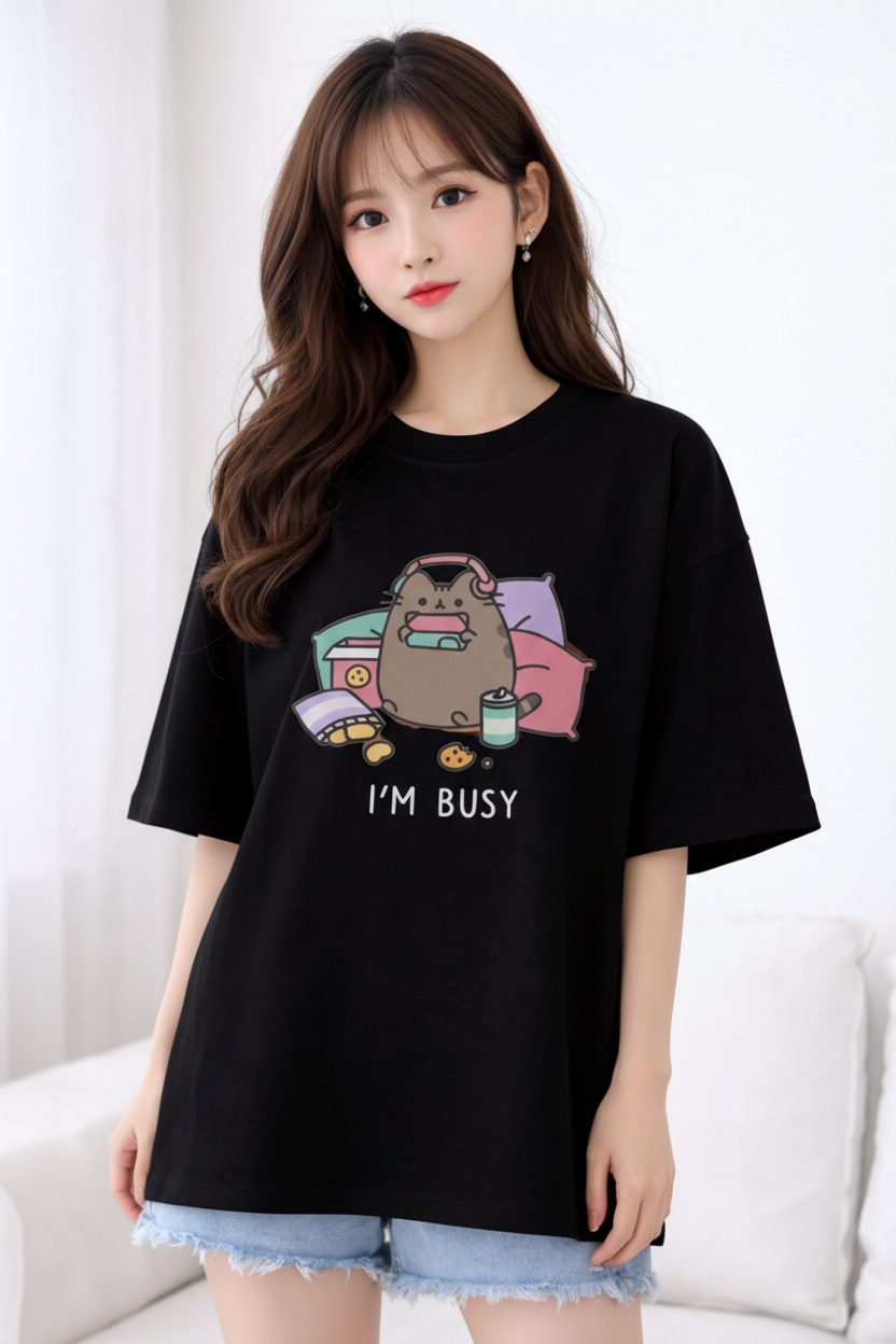 BEFALTU “I’m Busy” Cute Cat Oversized Black T-Shirt for Women