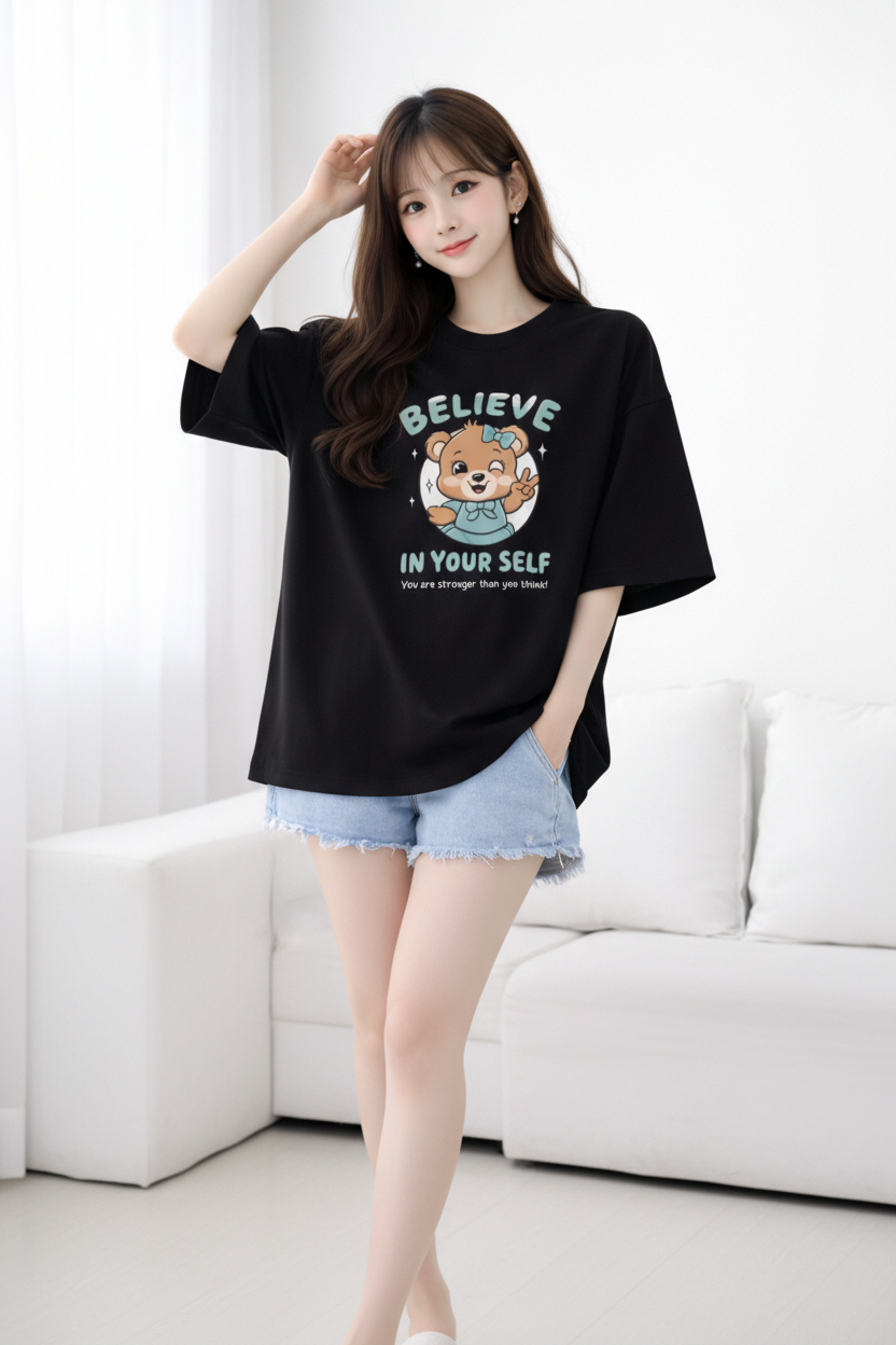 BEFALTU Women Oversized BLACK T-Shirt – “Believe in Yourself” Cute Teddy Graphic Print
