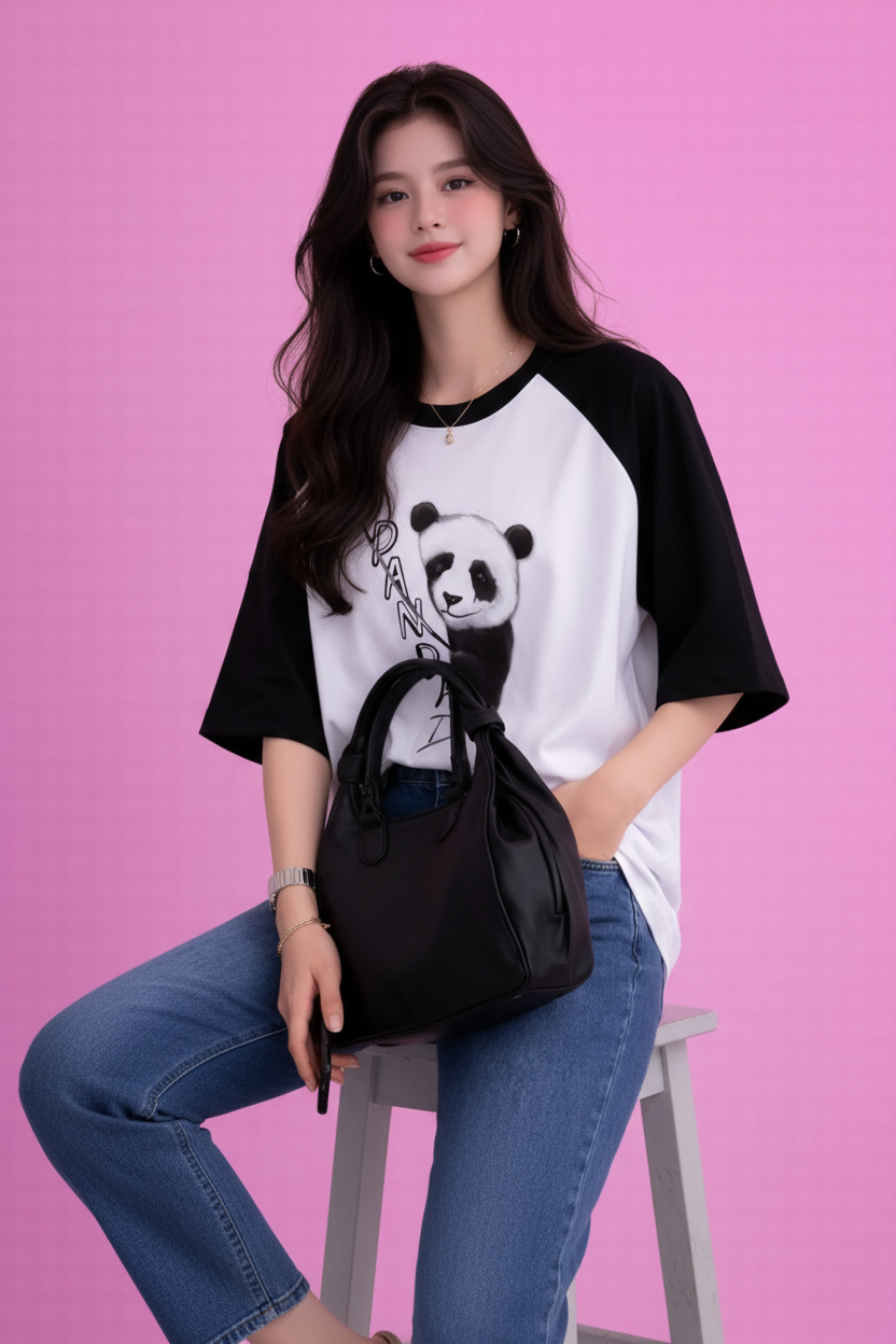 BEFALTU “Panda” Cute Minimal Graphic Raglan Oversized T-Shirt for Women