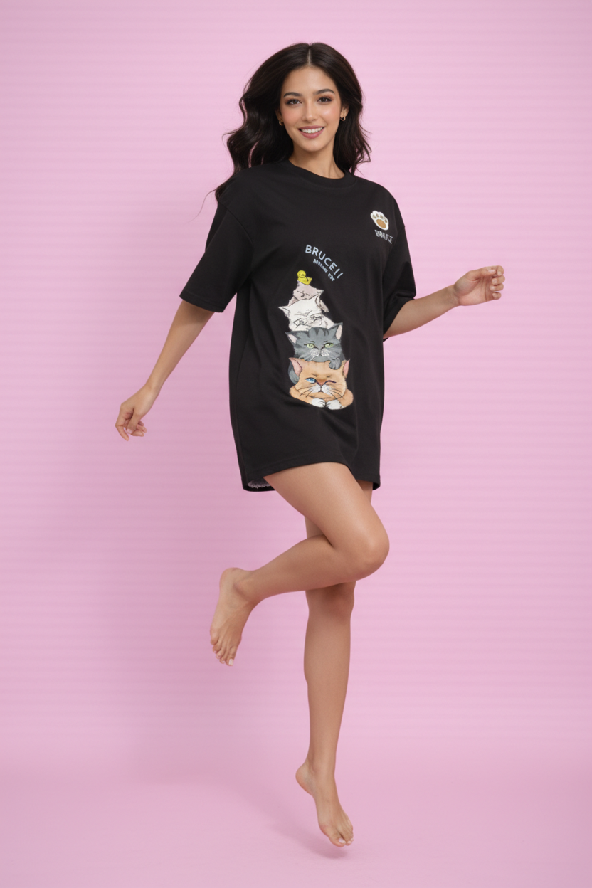BEFALTU “Bruce Meow” Cute Cat Stack Graphic Oversized Black T-Shirt for Women