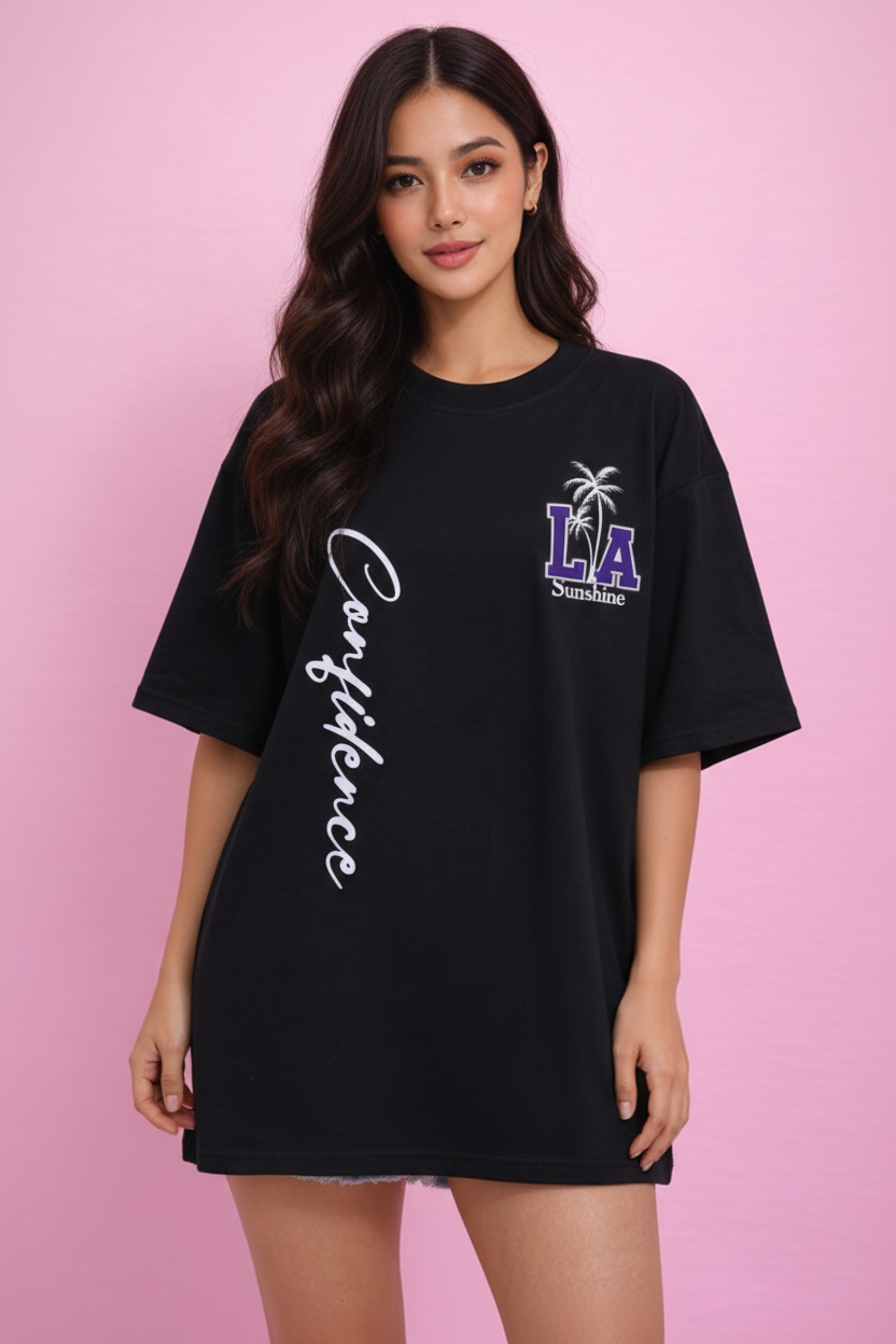 BEFALTU “LA Sunshine Confidence” Oversized Black T-Shirt for Women