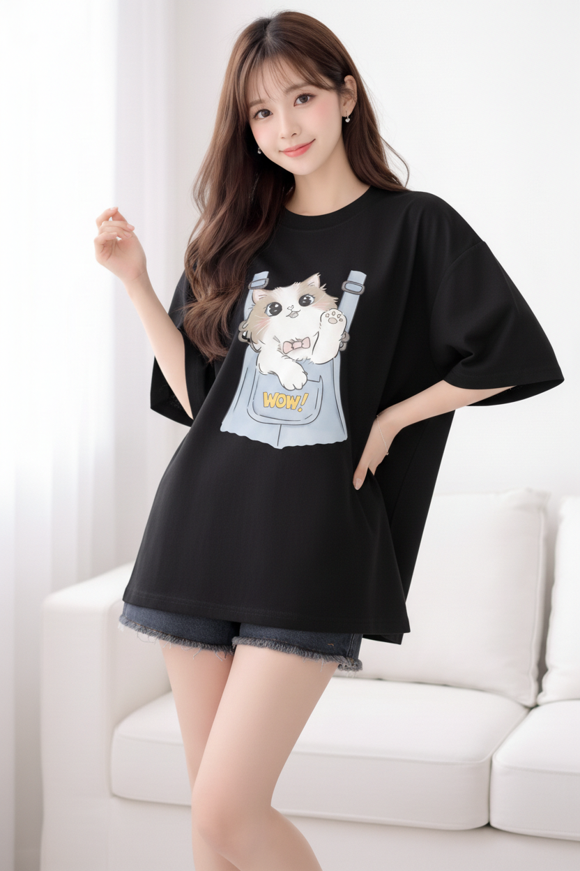BEFALTU “WOW Cat Pocket” Oversized BLACK T-Shirt for Women