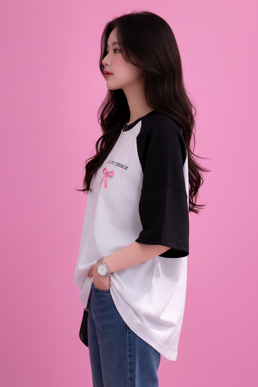 BEFALTU “Find Inner Peace” Aesthetic Bow Raglan Oversized T-Shirt for Women