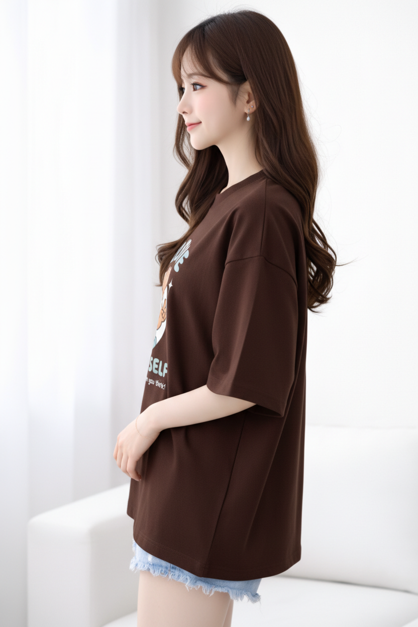 BEFALTU Women Oversized BROWN T-Shirt – “Believe in Yourself” Cute Teddy Graphic Print