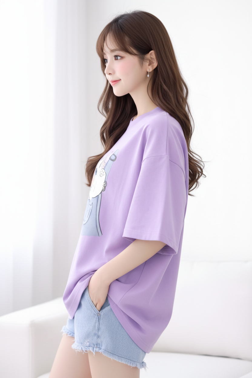 BEFALTU “WOW Cat Pocket” Oversized LAVENDER T-Shirt for Women