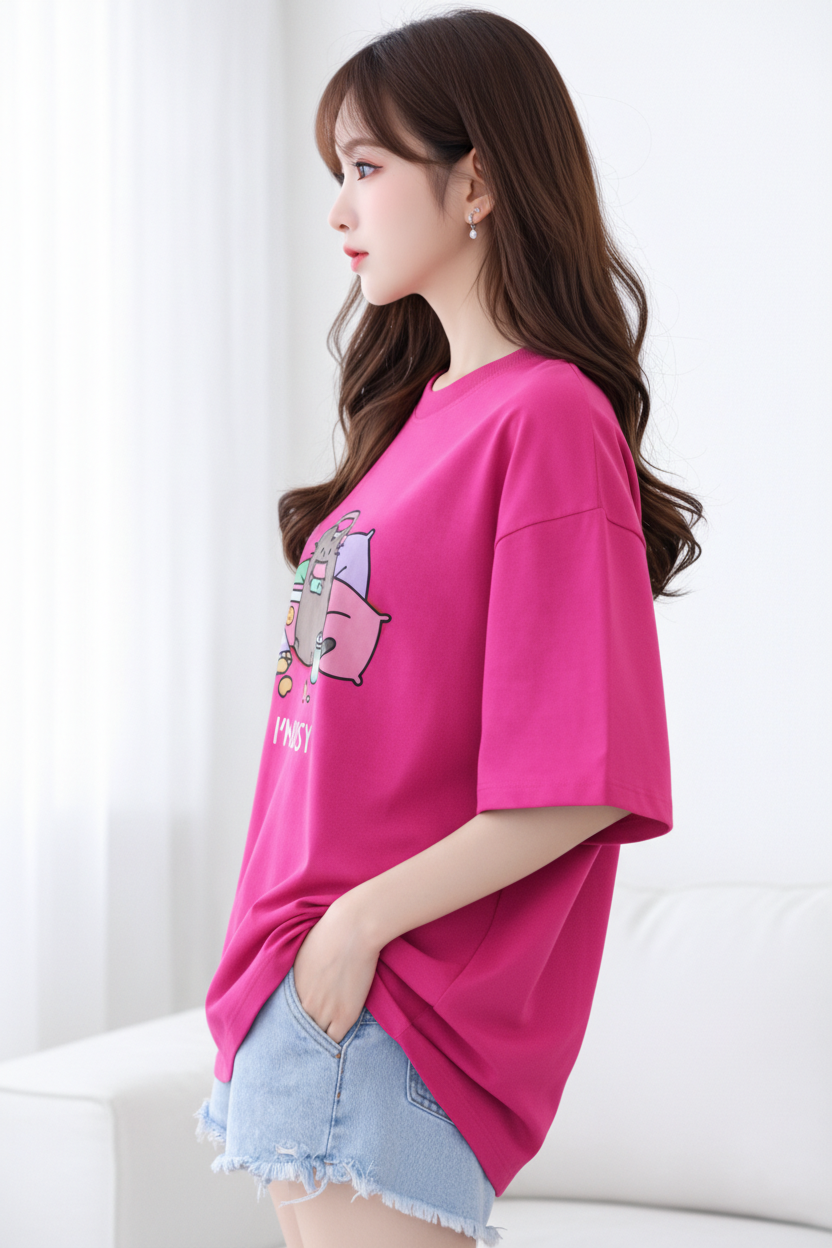 BEFALTU “I’m Busy” Cute Cat Oversized PINK T-Shirt for Women