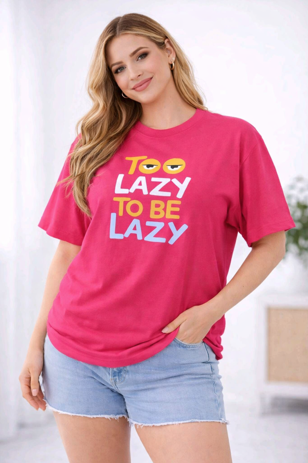 BEFALTU “Too Lazy to Be Lazy” Funny Graphic Oversized pink T-Shirt for Women