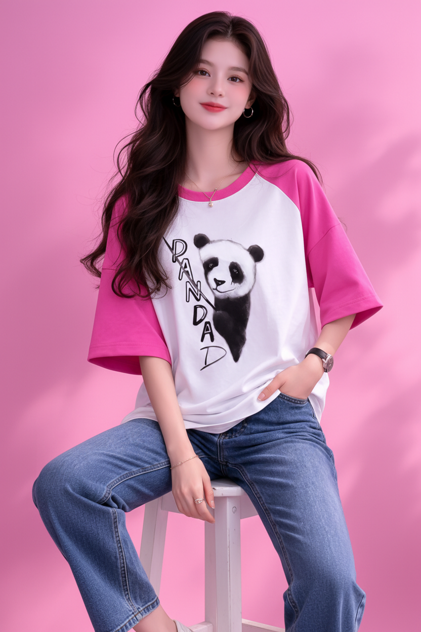 BEFALTU “Panda” Cute Minimal Graphic Raglan Oversized T-Shirt for Women