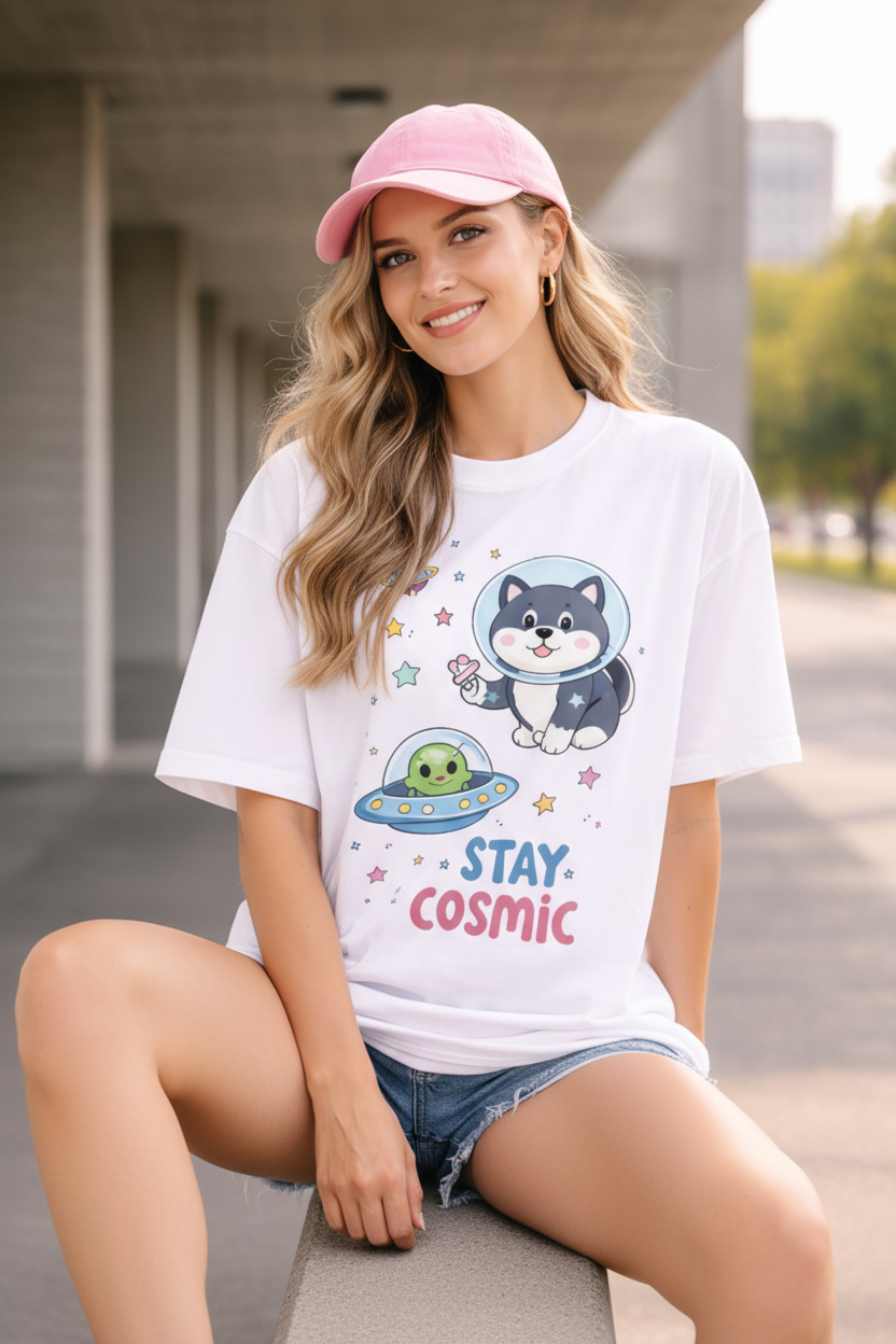 BEFALTU “Stay Cosmic” Cute Space Cat Graphic Oversized WHITE T-Shirt for Women