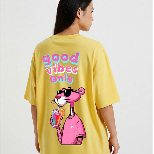 Beige Pink Panther Good Vibes Only Graphic Oversized T-shirt Dress Befaltu - Befaltu