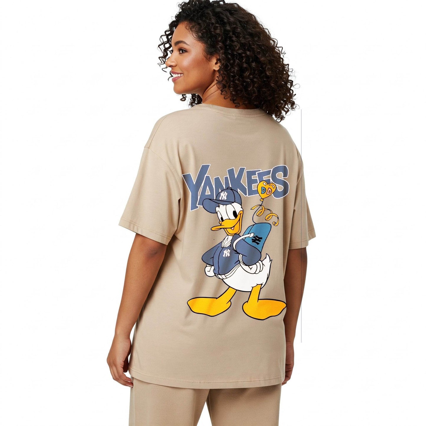 Beige Donald Duck Yankees Graphic Oversized T-shirt Befaltu - Disney Sports Delhi - Befaltu