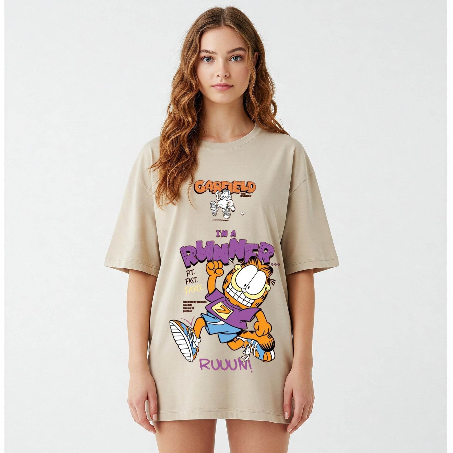 Beige Garfield I'm A Runner Graphic Oversized T-shirt Dress Befaltu - Befaltu