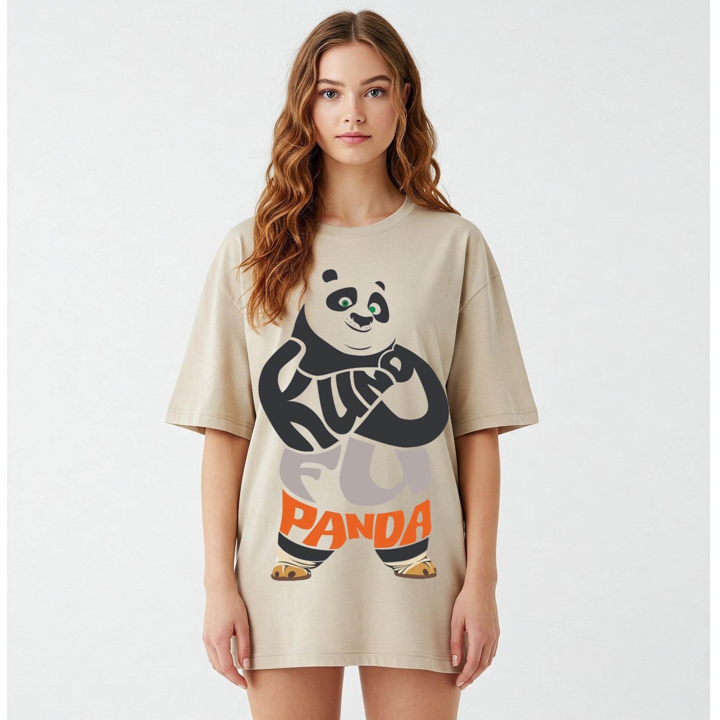 Beige Kung Fu Panda Text Graphic Oversized T-shirt Dress Befaltu - Befaltu