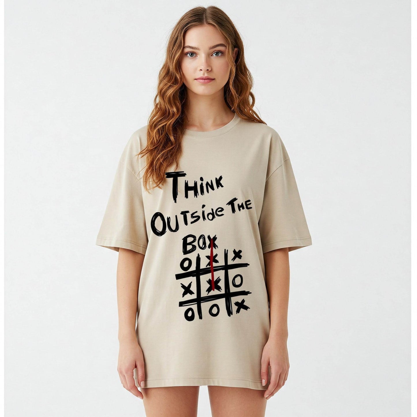 Beige Think Outside The Box Graphic Oversized T-shirt Dress Befaltu - Befaltu