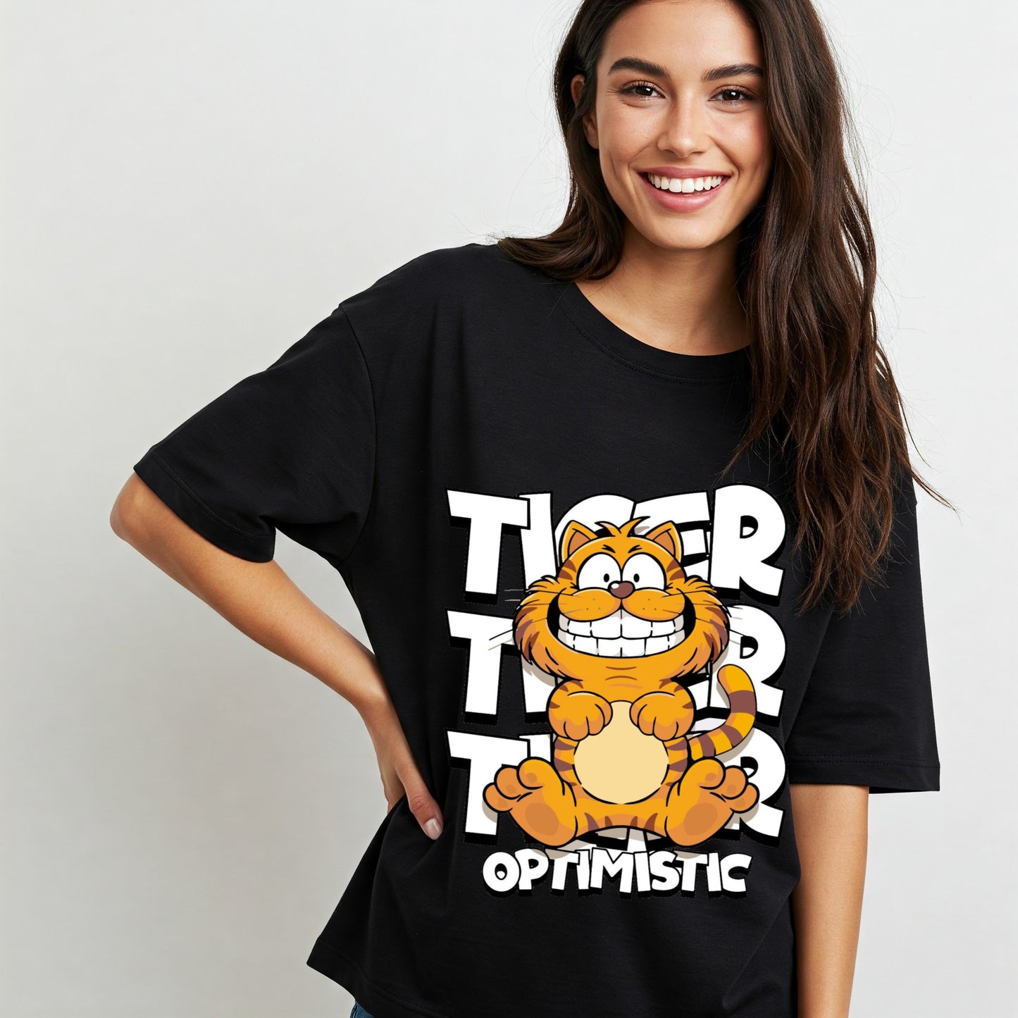 Black Garfield Optimistic Tiger Graphic Women's Oversized T-shirt Befaltu