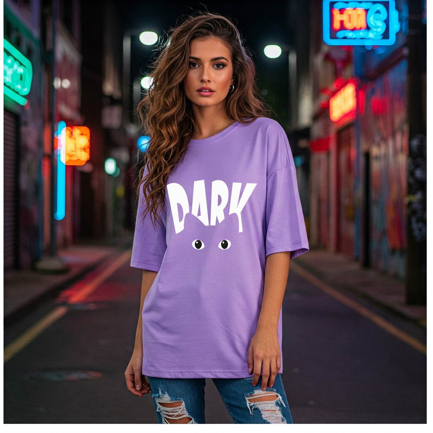 Lilac Dark Cat Eyes Graphic Women's Oversized T-shirt Befaltu - Befaltu