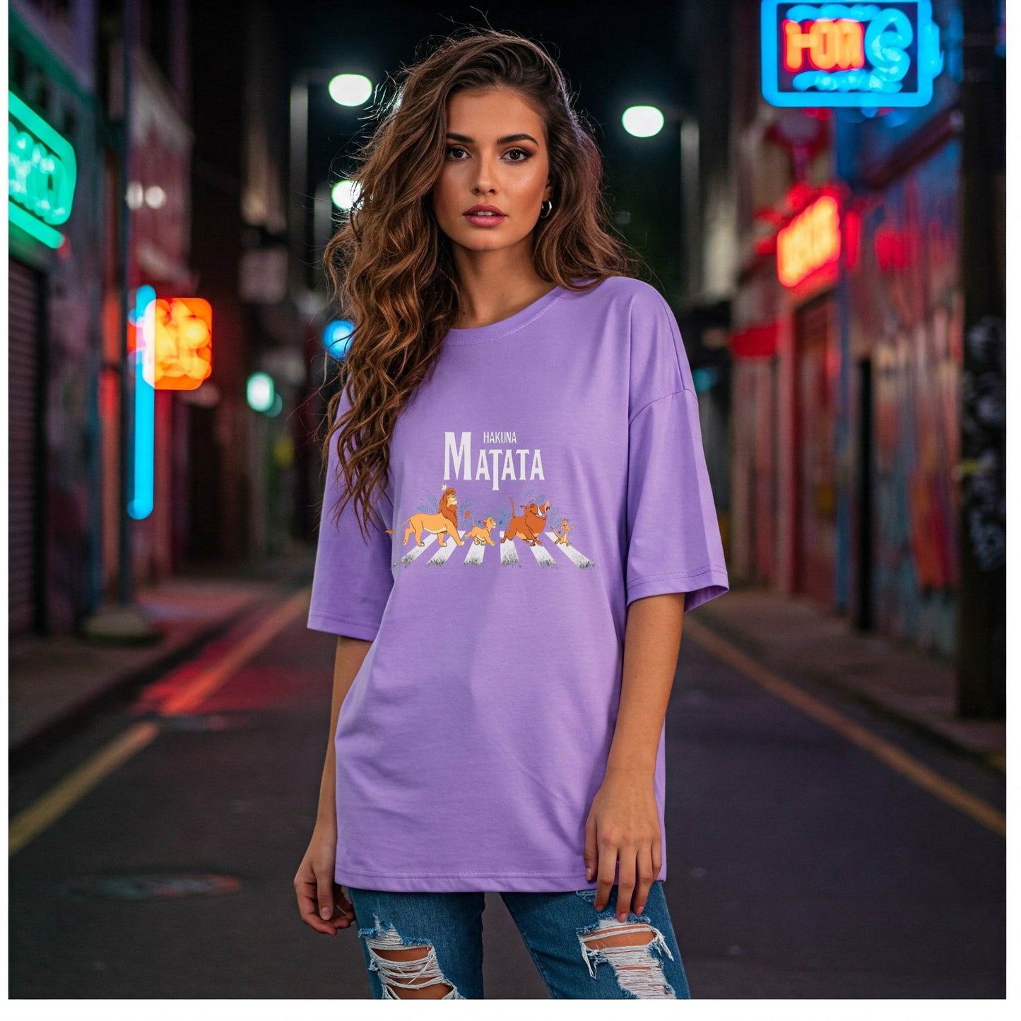 Lilac Lion King Hakuna Matata Crossing Graphic Women's Oversized T-shirt Befaltu - Befaltu