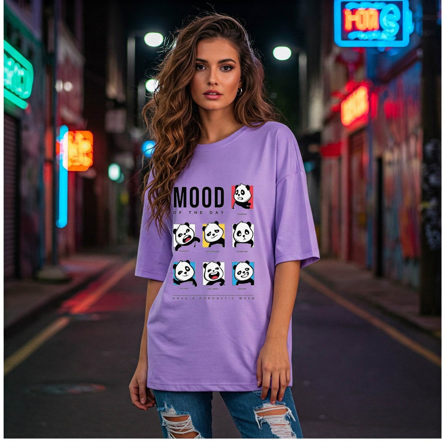 Lilac Mood of the Day Panda Graphic Oversized T-shirt Befaltu - Befaltu