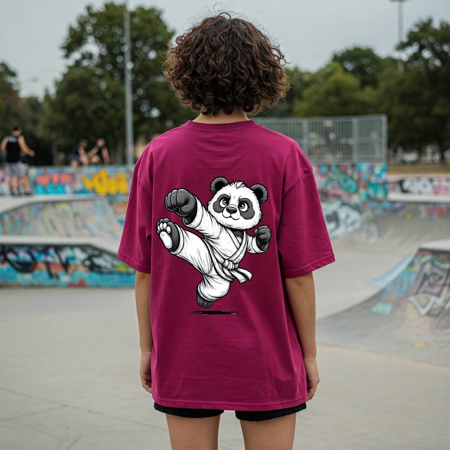 Maroon Karate Panda Graphic Women's Oversized T-shirt Befaltu - Befaltu