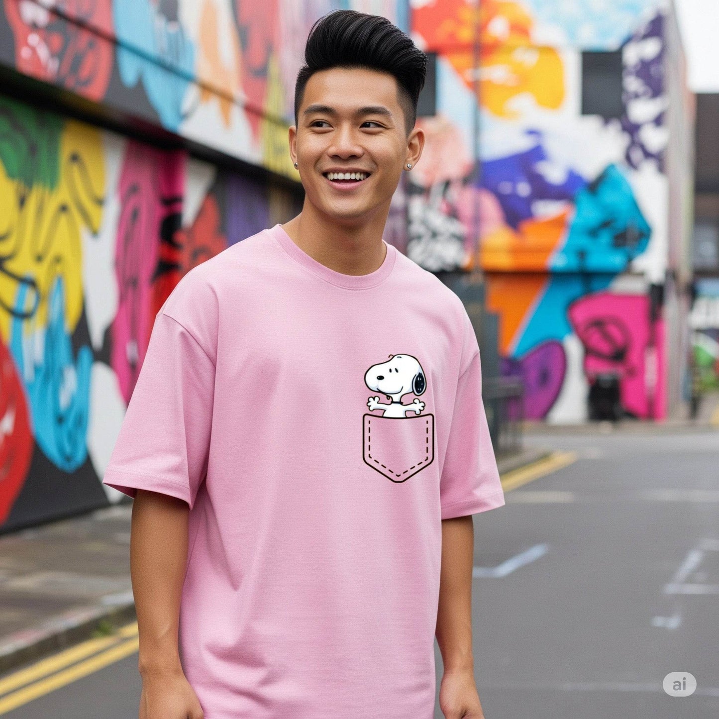 Pink Peanuts Snoopy Pocket Print Oversized T-shirt - Befaltu (Men's Graphic Tee) - Befaltu