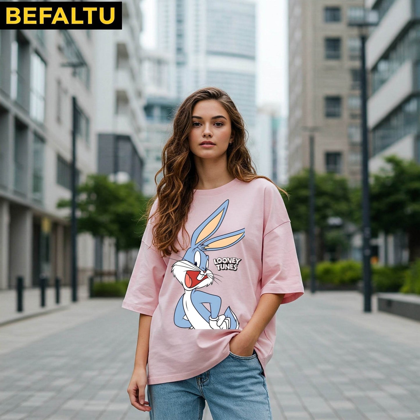 Pink Bugs Bunny Looney Tunes Graphic Women's Oversized T-shirt Befaltu - Befaltu