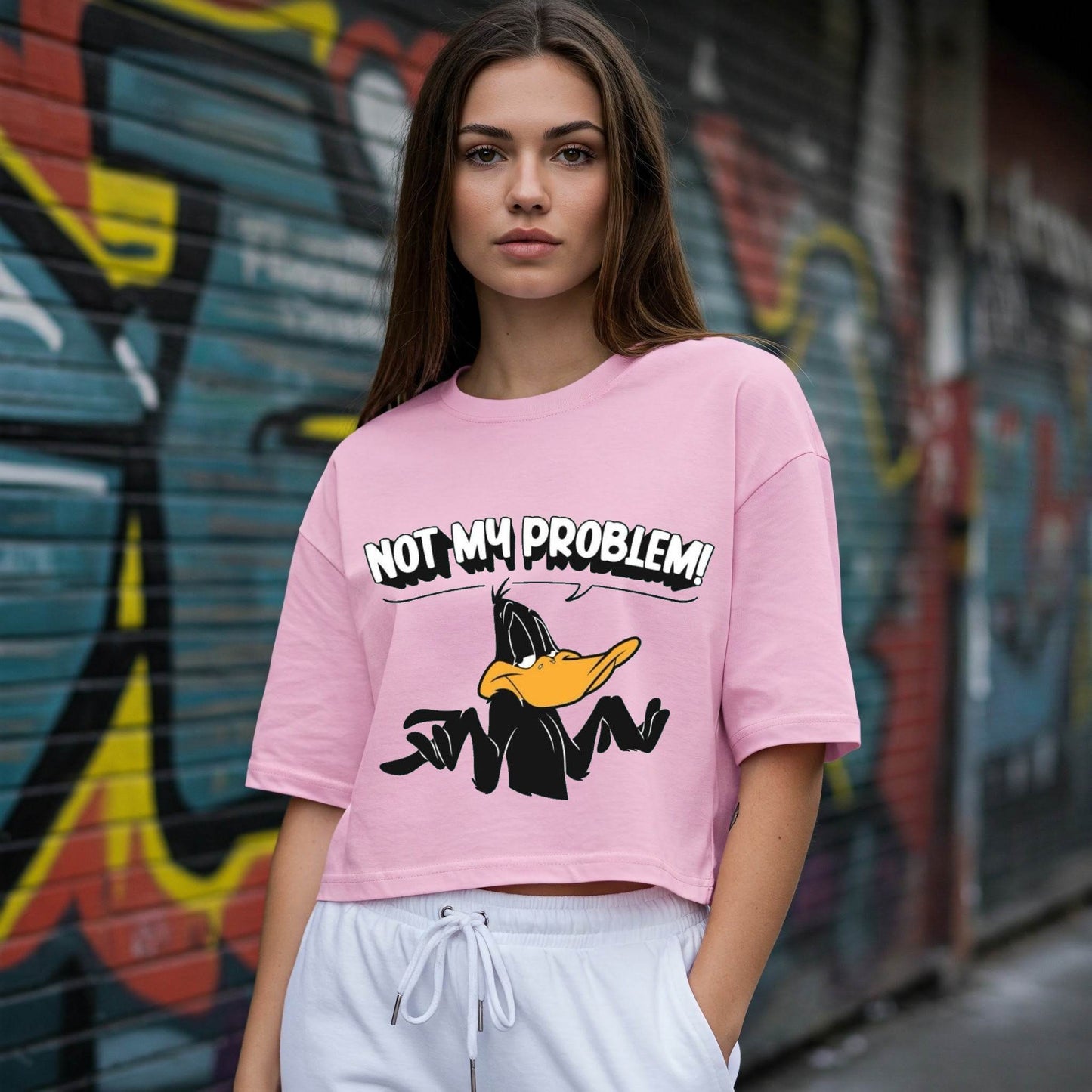 Pink Daffy Duck Not My Problem Graphic Crop Top Befaltu - Befaltu