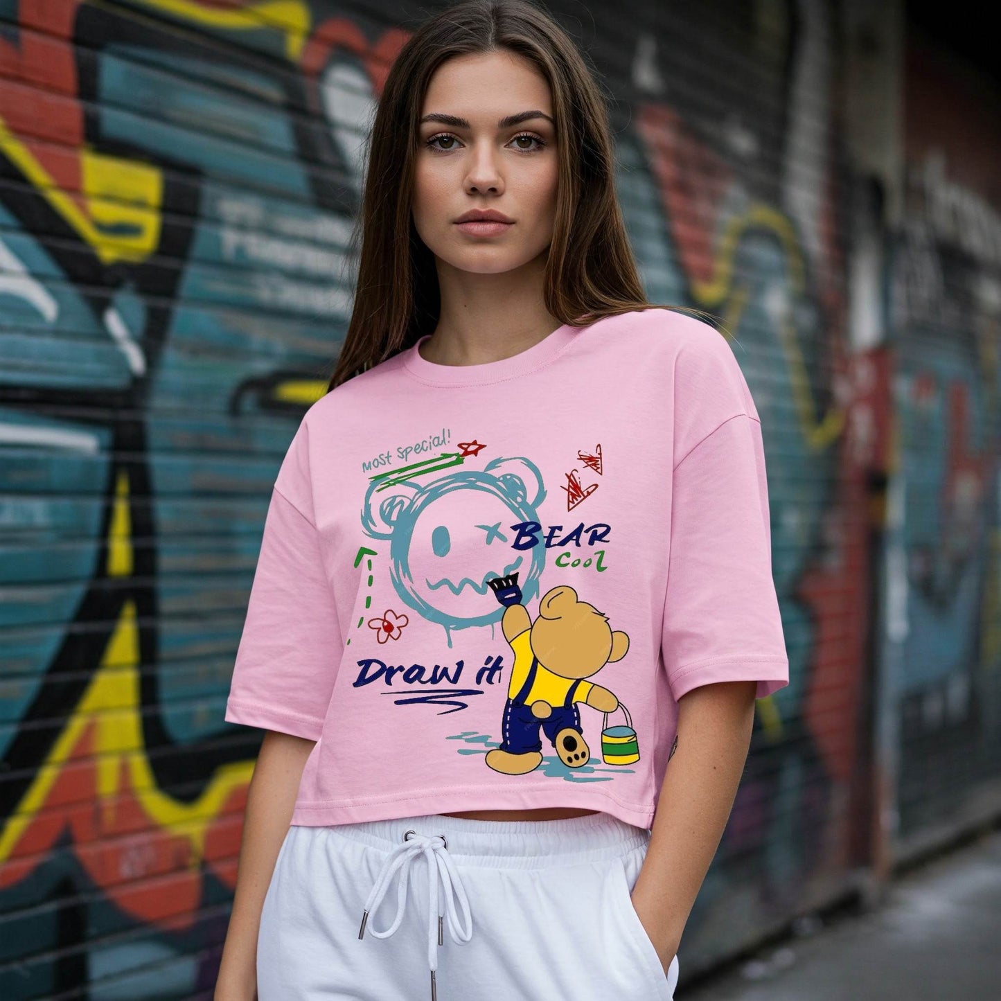 Pink Doodle Bear Graphic Cropped T-shirt Befaltu - Befaltu