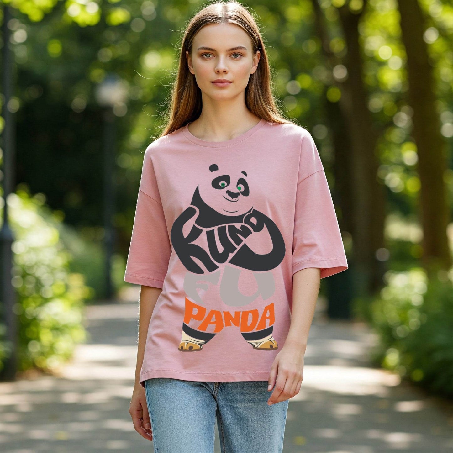 Pink Kung Fu Panda Text Graphic Oversized T-shirt Befaltu - Befaltu