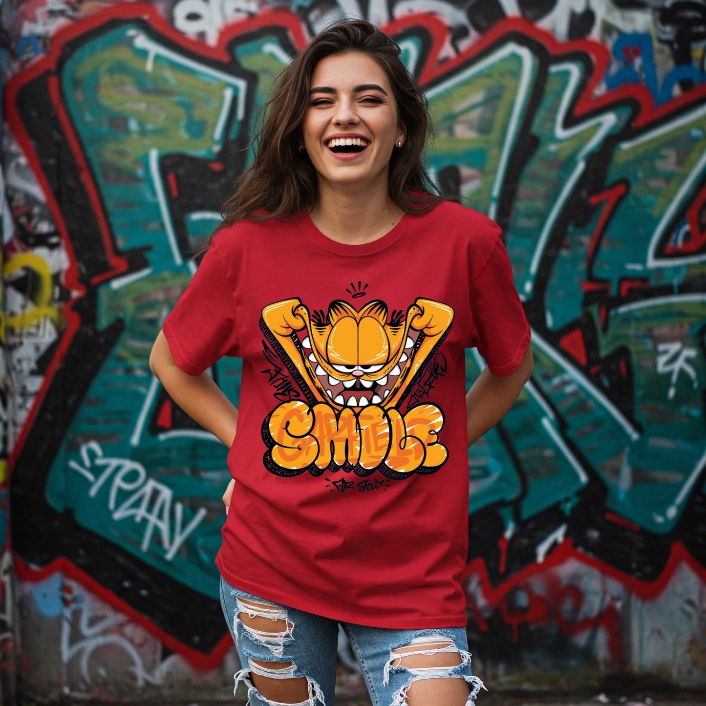 Red Garfield Smile Graffiti Graphic Women's Oversized T-shirt Befaltu - Befaltu