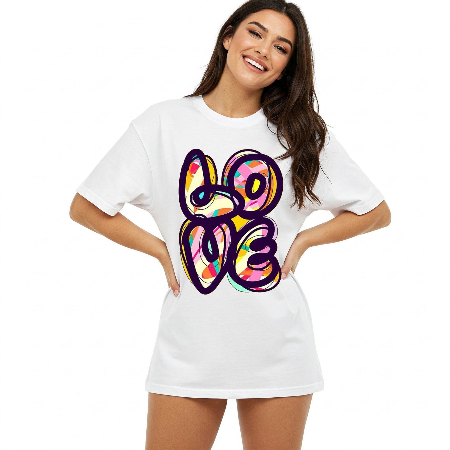 White Colorful Love Graphic Oversized T-shirt Dress Befaltu - Befaltu