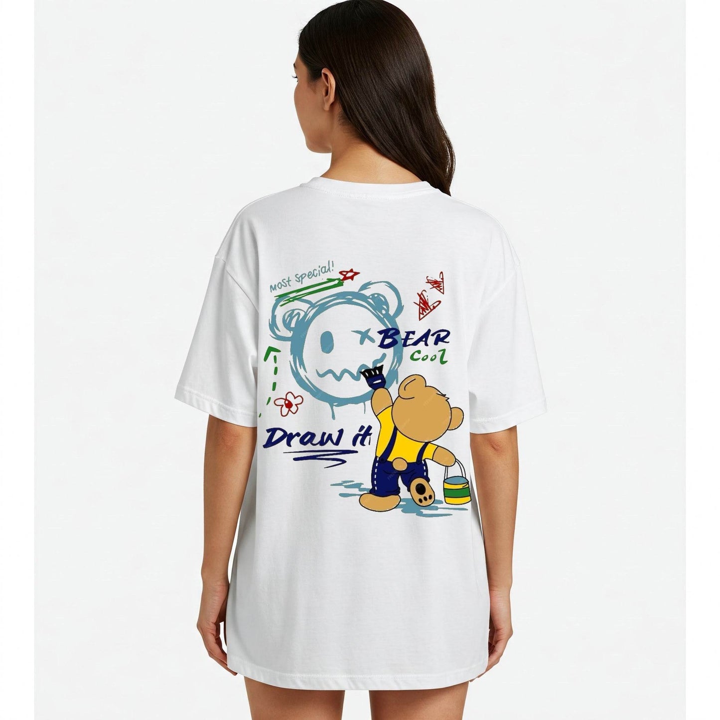 White Doodle Bear Graphic Oversized T-shirt Dress Befaltu - Befaltu