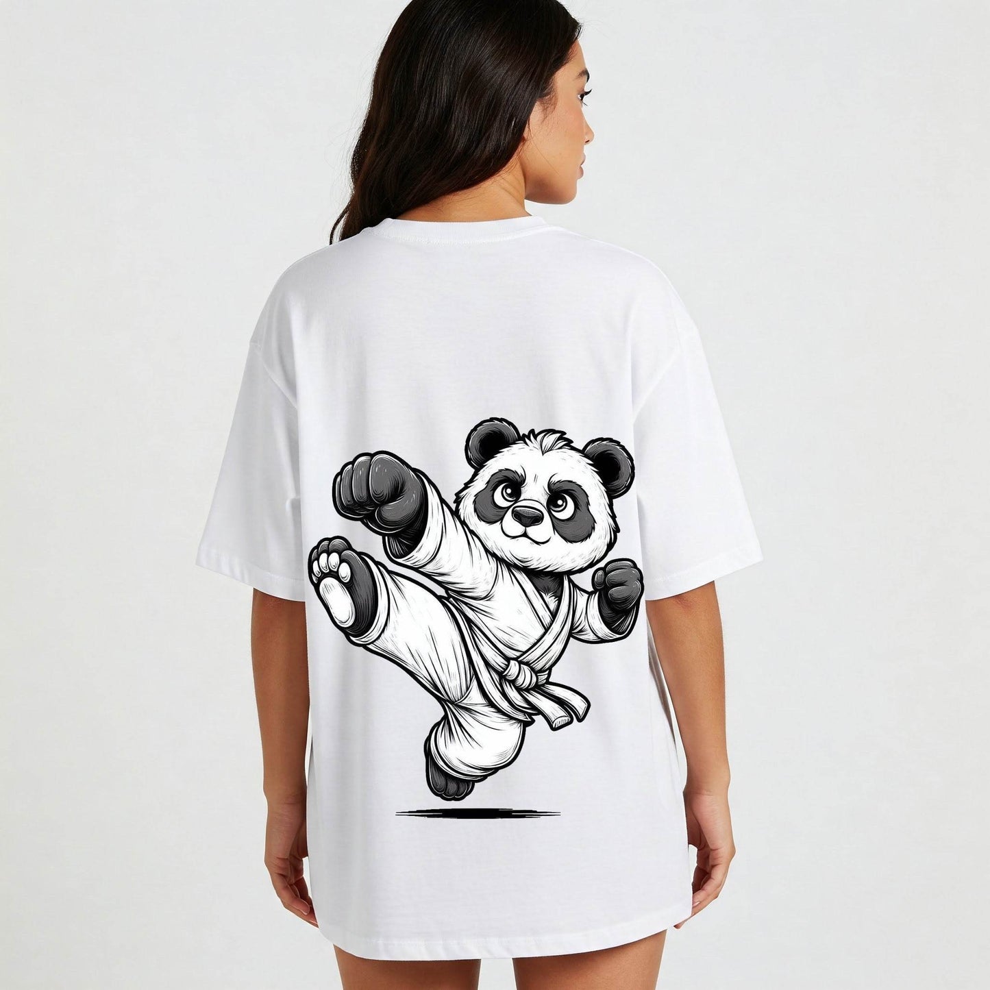 White Karate Panda Graphic Oversized T-shirt Dress Befaltu - Befaltu