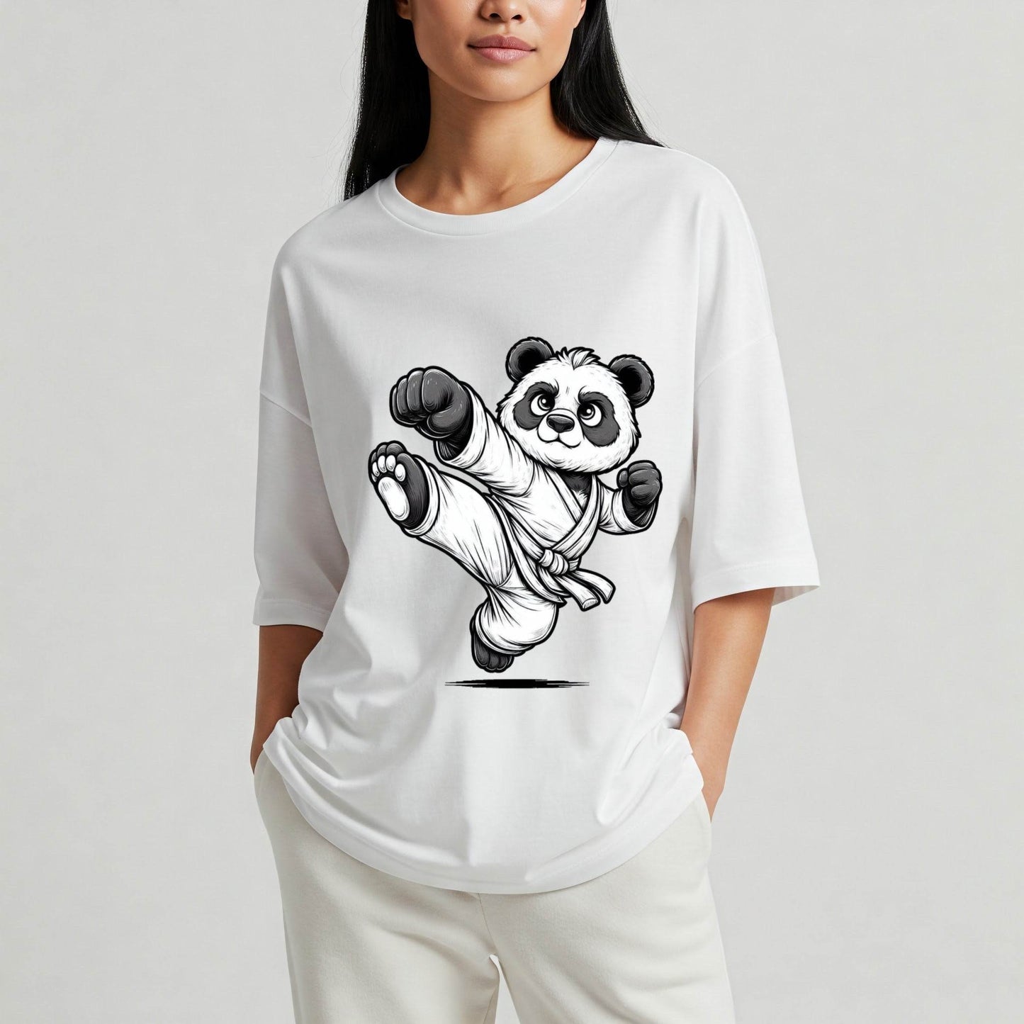 White Karate Panda Graphic Women's Oversized T-shirt Befaltu - Befaltu