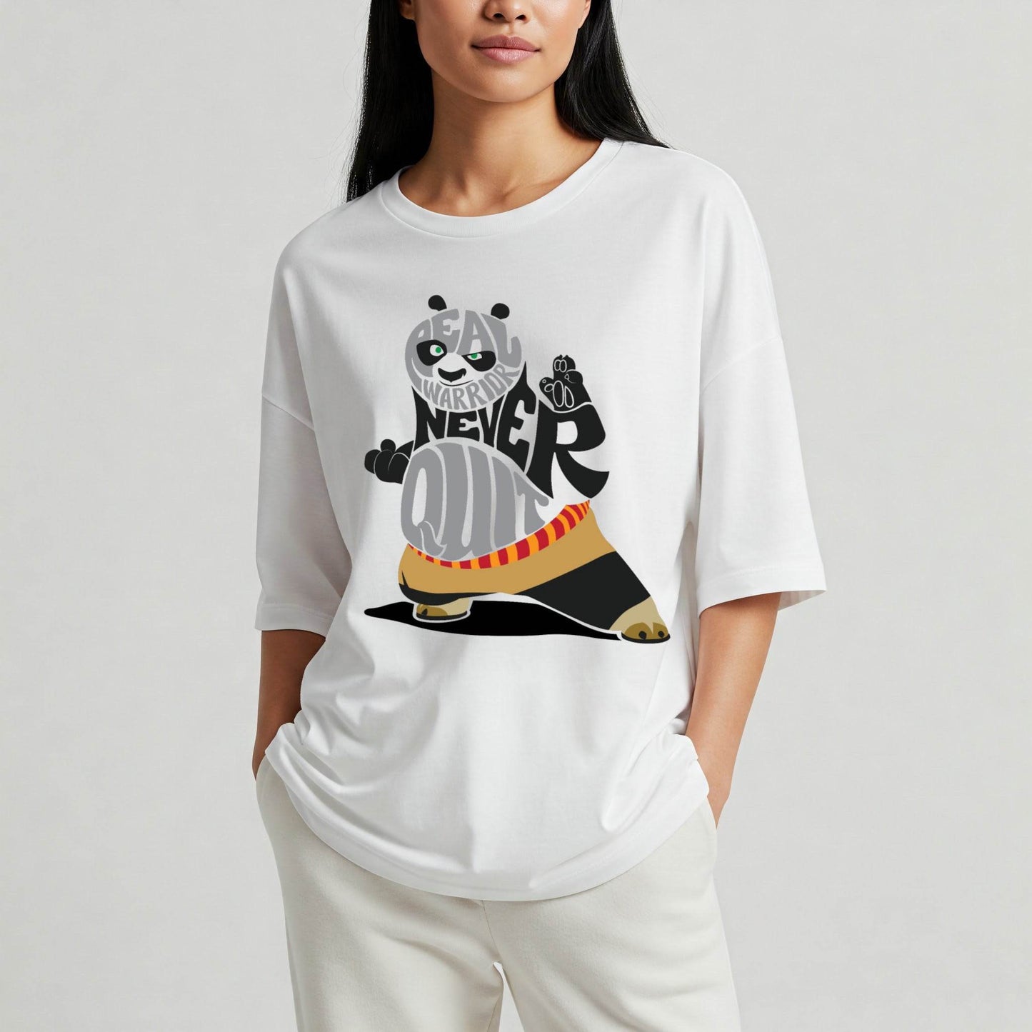 White Kung Fu Panda Graphic Women's Oversized T-shirt Befaltu - Befaltu