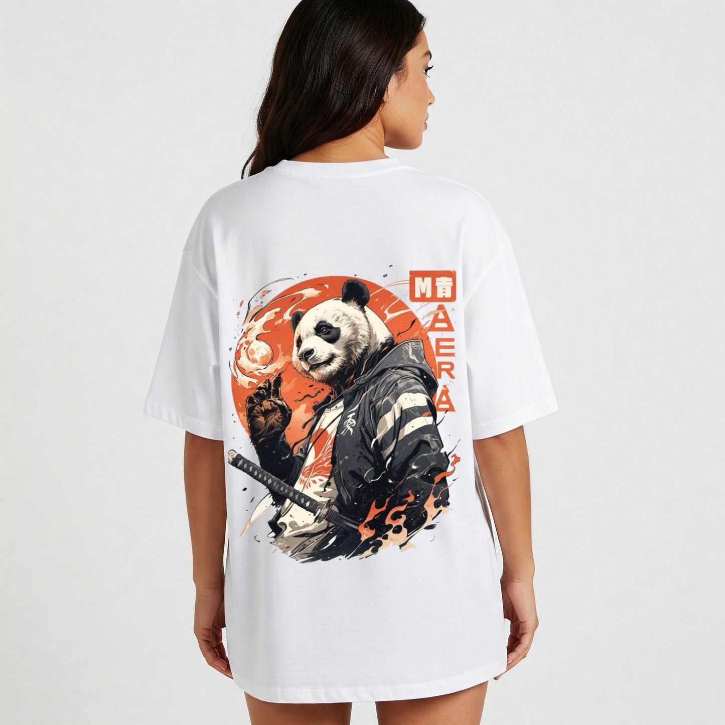White Samurai Panda Graphic Oversized T-shirt Dress Befaltu - Befaltu