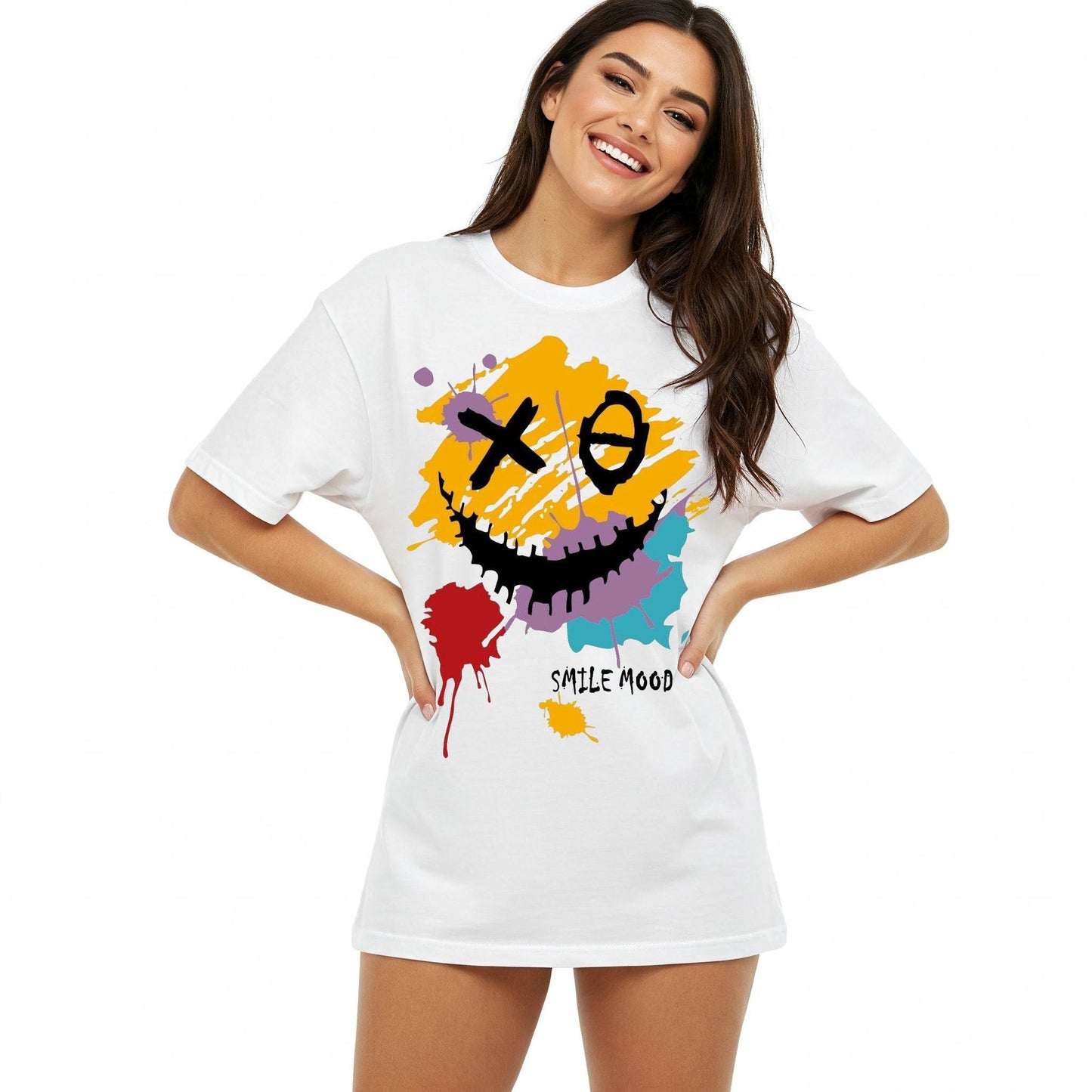 White Smile Mood Graphic Women's Oversized T-shirt Befaltu - Befaltu