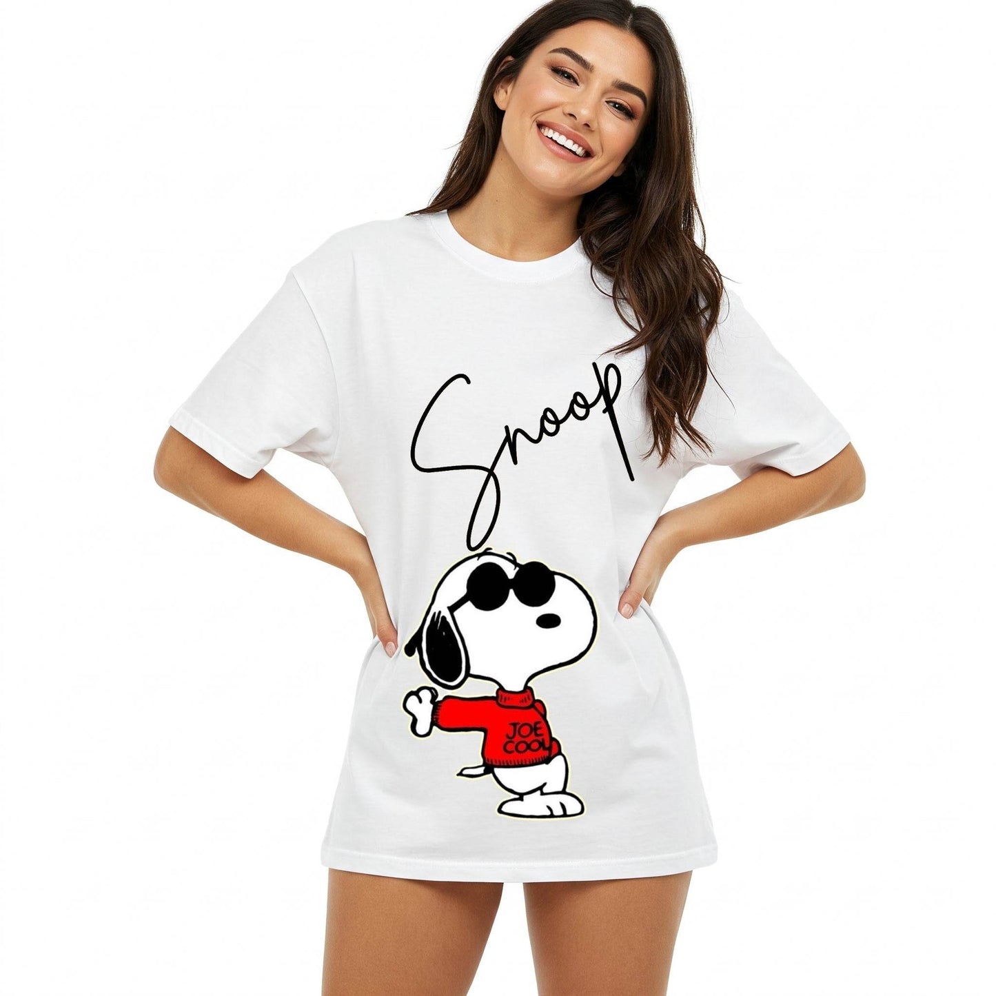 White Snoopy Joe Cool Graphic Oversized T-shirt Dress Befaltu - Befaltu