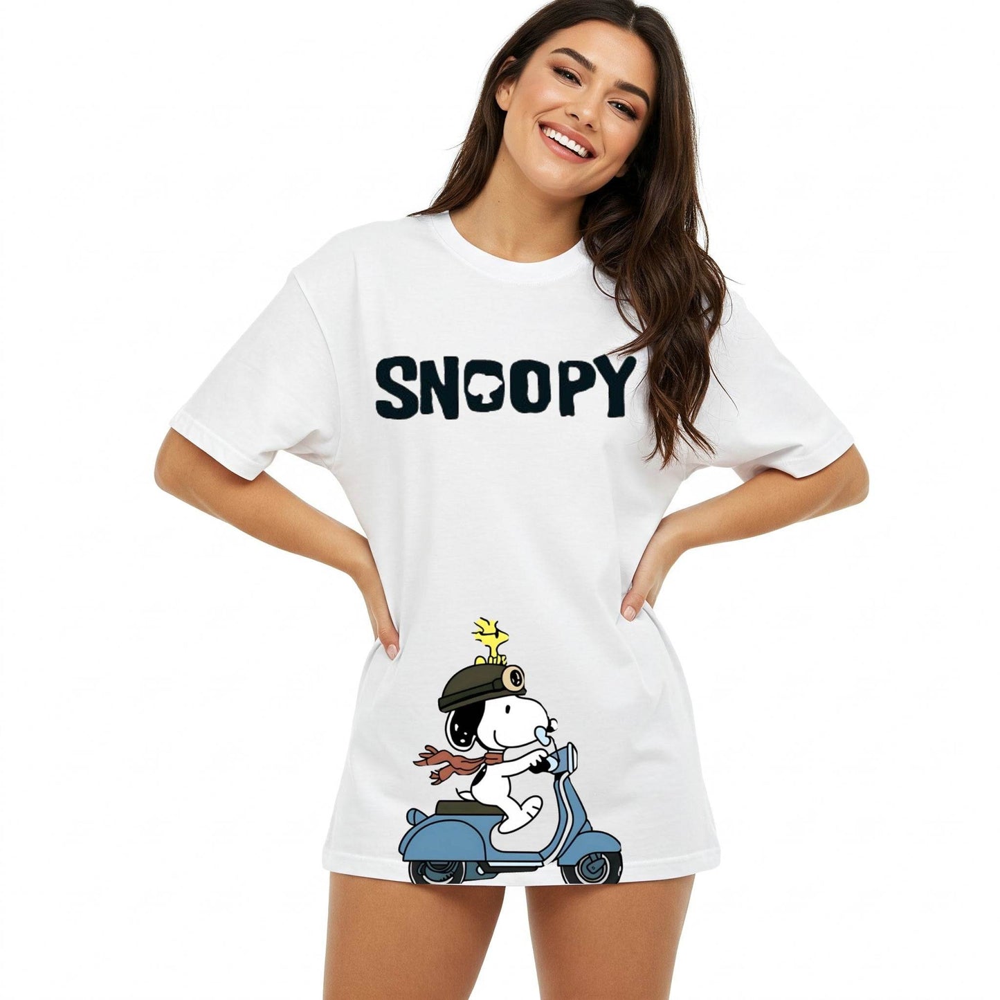 White Snoopy Scooter Graphic Oversized T-shirt Dress Befaltu - Peanuts Fashion Delhiv - Befaltu