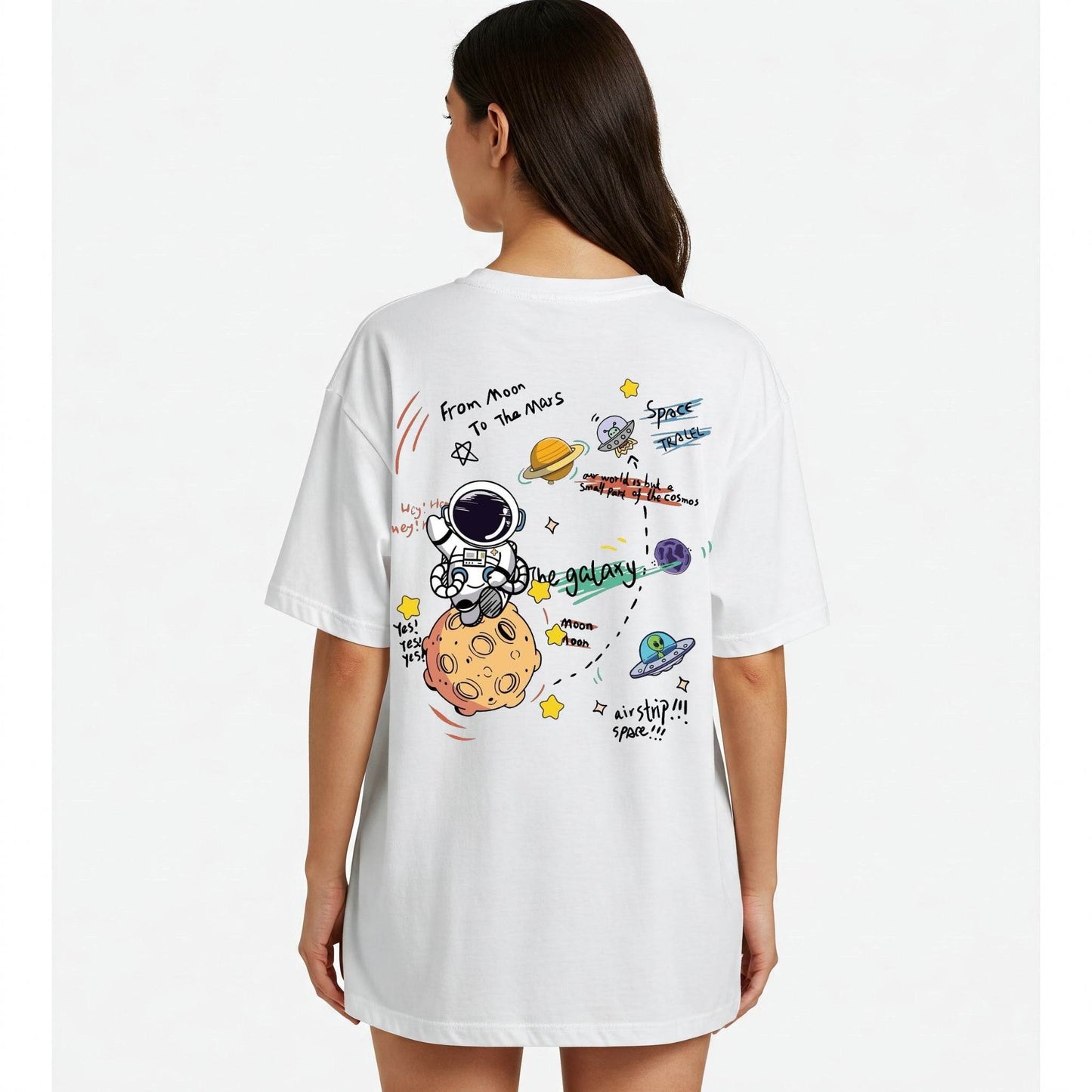 White Space Travel Doodle Graphic Oversized T-shirt Dress Befaltu - Befaltu