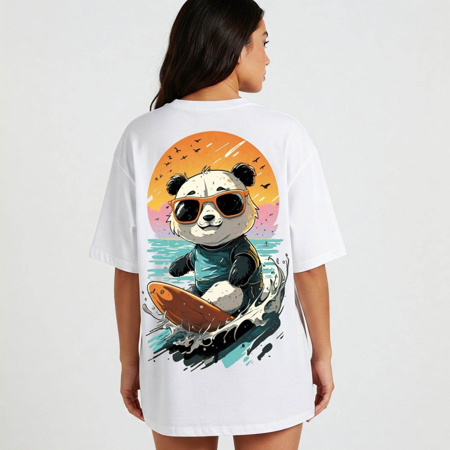 White Surfing Panda Graphic Oversized T-shirt Dress Befaltu - Befaltu