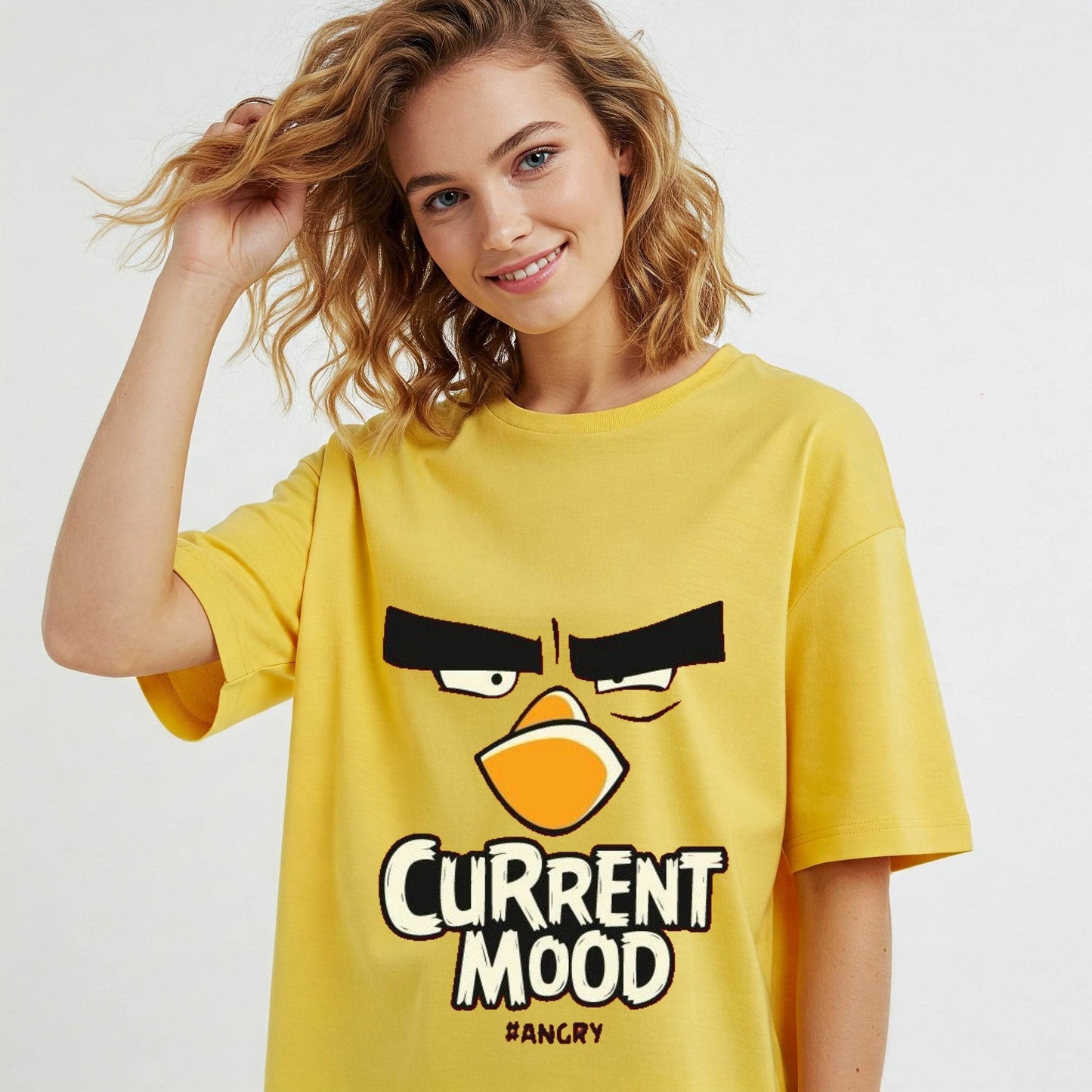 Yellow Angry Birds Current Mood Graphic Women's Oversized T-shirt Befaltu - Befaltu