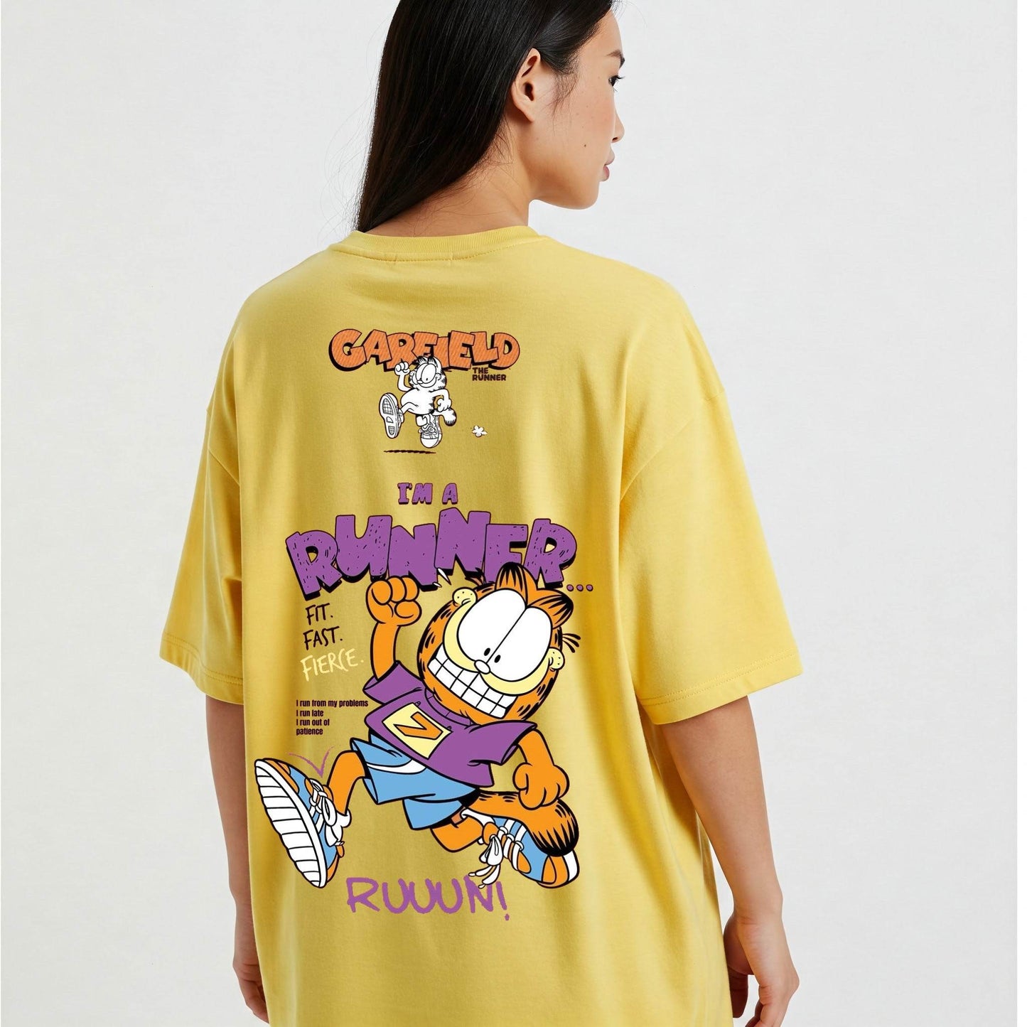 Yellow Garfield I'm A Runner Graphic Oversized T-shirt Dress Befaltu - Cartoon Fashion Delhi - Befaltu