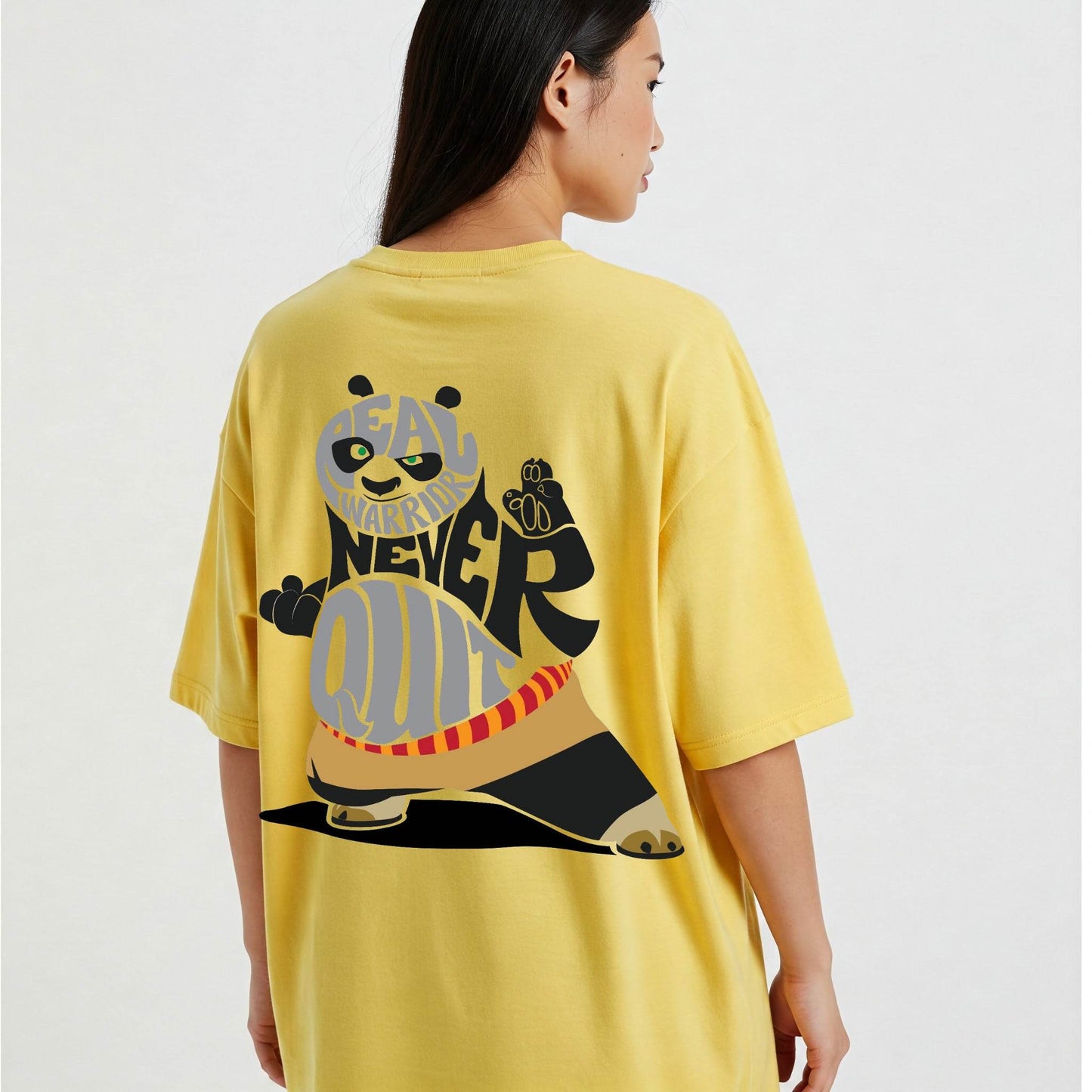 Yellow Kung Fu Panda Never Quit Graphic Oversized T-shirt Dress Befaltu - Befaltu